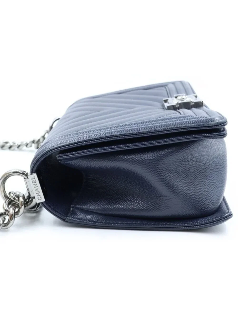 Chanel Boy Chevron V-Stitch Caviar Leather Silver Chain Shoulder Bag Navy